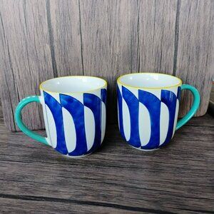 West Elm Coffee Mugs Set Of 2, Handpainted Ceramic, Blue White Yellow Polka Dots